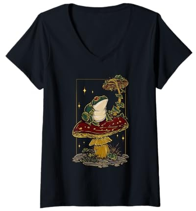 Mujer Camiseta Frogcore Mushroom — Cottagecore Fungi and Forest Magic Camiseta Cuello V