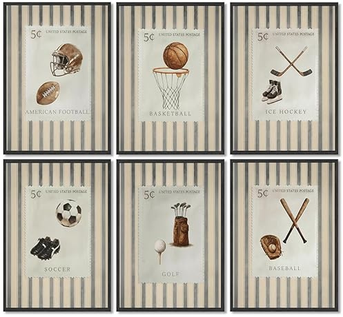 6Pcs Vintage Sports Canvas Wall Art Boy Physical Education Painting Picture Wall Decor Youth Sports Poster Print Artwork for Childrens Rooms Bedrooms Nurseries Home Decoration 8X10in