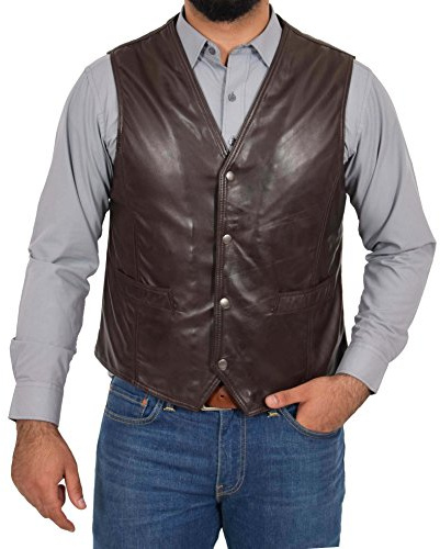 Chaleco de cuero marrón suave para hombre chaleco clásico tradicional chaleco casual - Bruno, marrón, XXL