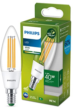 PHILIPS LED Classic ultraeffiziente E14 Lampe (40 W), LED Lampe mit neutralweißem Licht, energiesparende Lampe mit langer Nutzlebensdauer, Energieeffizienzklasse A, Warmweiß