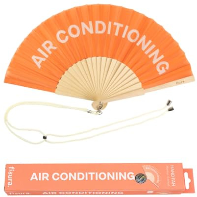 FISURA - Origineller Handfächer mit der Aufschrift air Conditioning. Moderner und lustiger Fächer aus Holz. Orangefarbener und weißer Fächer. Maße: 42,5 x 23 cm. Holz und Textil.