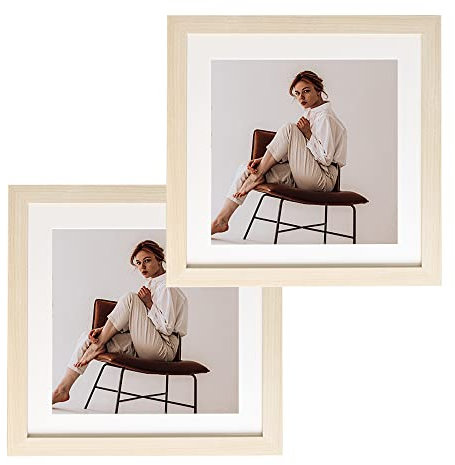 Belegao Marco de Fotos 20x20 cm Cuadrado Collage Moderno Marco de Madera MDF Retratos con Vidrio Acrílico Irrompible para Montaje en Pared y Mesa, Juego de 2, color original de la madera