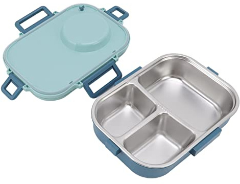 Aramox Térmica 1100ml Doble Capa 3 Diseño De Rejilla De Acero Inoxidable 304 Con Palillos Cuchara Tazón De Sopa Control De Porciones Contenedor De (Azul)