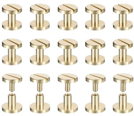 sourcing map 30Pack Brass Chicago Screws, 6x10mm Flat Head Screw Back Binding Post Nail Stud Rivets Fastener for DIY Leather Craft Belt Strap