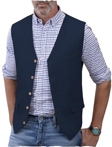 AeoTeokey Gilet estivo da uomo in lino, con scollo a V, leggero, casual, vestibilità regolare, Marina Militare, XL