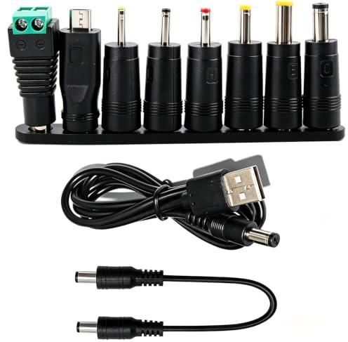 VISSQH Cavo di Alimentazione da USB a DC,8 in 1 Adattatore di Alimentazione DC 5.5x2.1 mm Femmina a Maschio Jack Connettore,Barrel Tips DC per laptop,altoparlanti,power bank,router,ecc