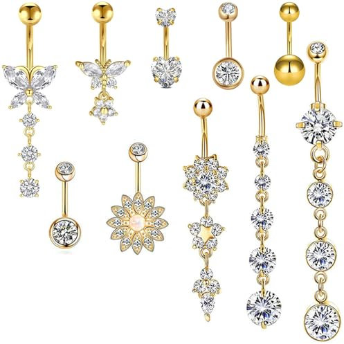 BDSHUNBF 10stk Bauchnabelpiercing Schwangerschaft, Bauchnabel Schmetterling Herz Blume Anhänger Schmuck Damen, Belly Piercing Set, Gold