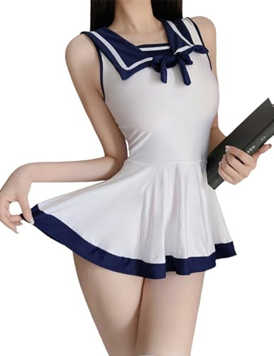 Damen Sexy Cosplay Schulmädchen Dessous Sailor Moon Kostüm Ärmellos Bodycon Elastic Kleid mit Schleifen Anime Matrosen Kostüme Kawaii College JK Anzug Sweet Falten Kleider Babydoll Nachthemd Halloween