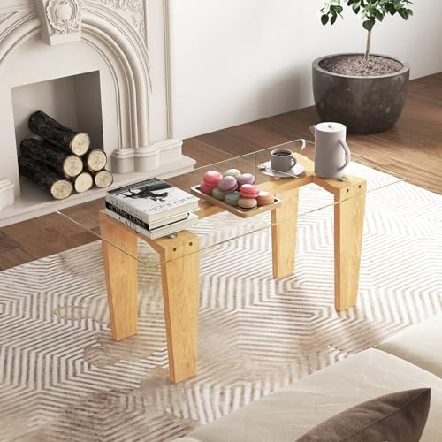 GOPLUS Table Basse Verre Vitrée, Table de Salon Moderne avec Dessus en Verre Trempé Transparent et Cadre en Bois de Caoutchouc, Charge 45KG, 100 x 50 x 41 cm