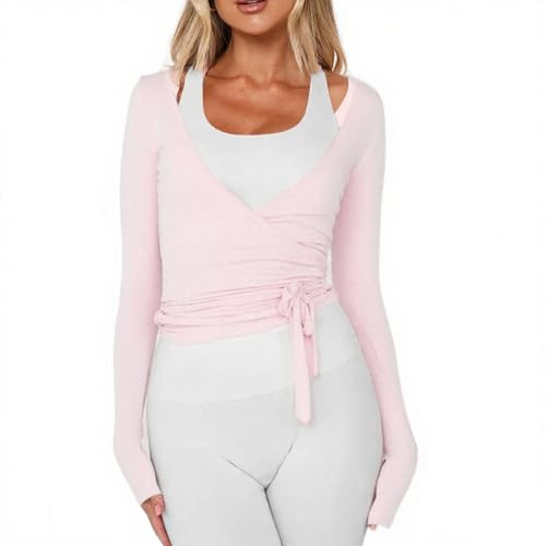 Haut enveloppant à manches longues et col en V profond à nouer croisée pour entraînement de ballet, pilates, yoga, rose, Taille L