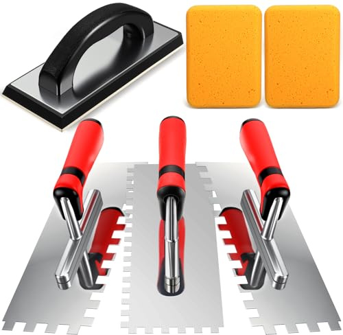 Leinuosen 6 Pcs Tile Tools Set, Tile Trowel Concrete Tool Steel Square Notch Trowel Set Plus Rubber Grout Float and Grout Float Sponge for Tiling Installation Grouting