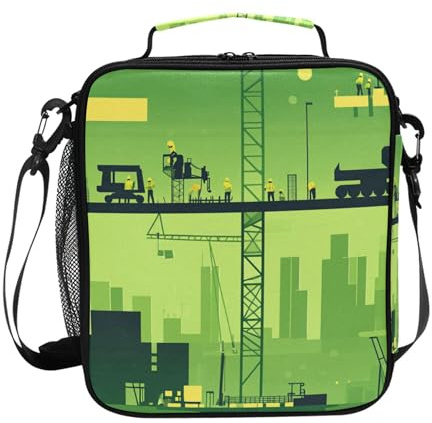 Lunch Tote Bag Water-Resistant Lunch Box Kids with buckle for Work School Construction Scene Plant Building Tower Crane Road Roller
