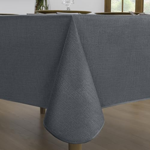 Romanstile Tovaglia Cerata 140x320 cm Grande Rettangolare Antimacchia Plastificata 8-10 Posti Esterno Impermeabile Tavolo con Bordo Rinforzato Effetto Lino Antracite per Lungo Familiare, Giardino