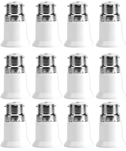 12Pcs B22 to E27 Adapter, Bayonet to Screw Bulb Adaptor, Bc to Es Lamp Base Adapter, Socket Converter for Led, Incandescent and Bulbs (white)