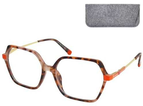 Mini Brille – Lunettes de Lecture Oversize Hexagonales, Monture Légère Plastique & Branches Métal (Écaille de tortue avec détails orange), Boite Inclus, Lunette Loupe Femme + 2.5 Dioptrie