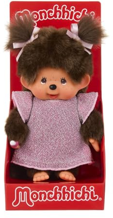 Sekiguchi 204052 - Niña Monchhichi Original con Vestido Rosa Brillante, Peluche de Aproximadamente 20 cm de Altura, de Felpa marrón