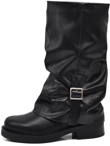 IF Stivali da donna con risvolto slouch e fibbia decorativa stile biker retrò in pelle sintetica MP2744-6 Nero N.37