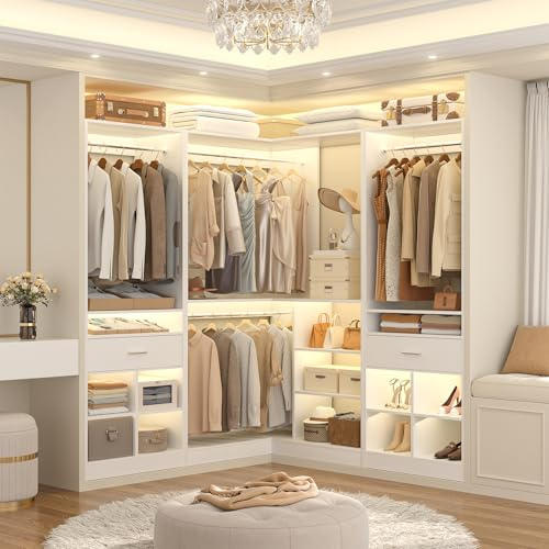 Unikito 86 Corner Closet System, Modular Closets Organizer with 4 Hanging Rods & Corner Tower, Freestanding L-Shaped Walk-In Wardrobe Organizer, Set of 3, White