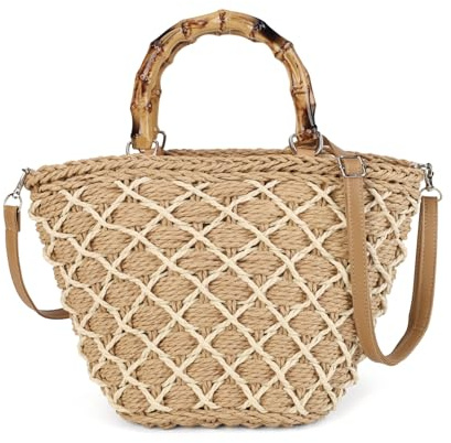 Gladdon Damen Schultertasche Stroh Tasche Sommer, geflochtene Handtasche mit Holzgriff, Umhängetasche Damen groß, Strandtasche & Sommertasche, leicht, 34,5×18×22 cm