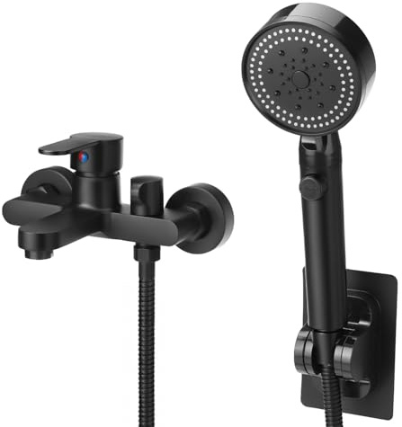QWORK® Rubinetto per vasca da bagno nero opaco – rubinetto per vasca con 3 tipi di getto, doccetta e tubo da 1,5 m per vasca da bagno e doccia
