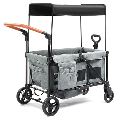 Bonnlo Folding Stroller Wagon for Kids, 2-Seater Handcart Wagon with Removable Canopy, 5-Point Harness and All-Terrain Wheels, Outdoor Camping Cargo Cart (Grey)
