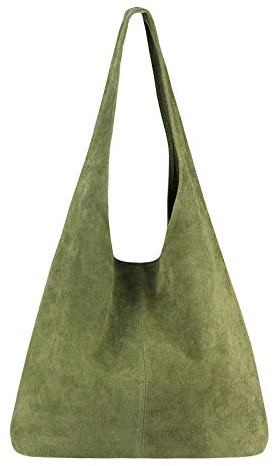 OBC Made IN Italy Damen Leder Tasche Wildleder Shopper Schultertasche Hobo-Bag Henkeltasche Beuteltasche Velourleder (Olivgrün (Wildleder))