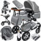 KESSER® Loops 3 in 1 Kinderwagen Kombikinderwagen Komplett-Set inkl. Babywanne & Buggy Sportsitz & Auto-Babyschale Voll-Gummireifen Wickeltasche Regenschutz Kindertisch ECE R129, Grau/Silber