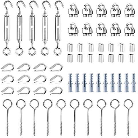 TooTaci 3mm Drahtseil Spanner Edelstahl Set,3mm Seilspanner für Drahtspanner/Zaunspanner,5 Stück M5 Spannschloss Edelstahl,10 Stück M5 ösen Schrauben,M3 Drahtseilklemme,Kauschen,Crimpschlaufe
