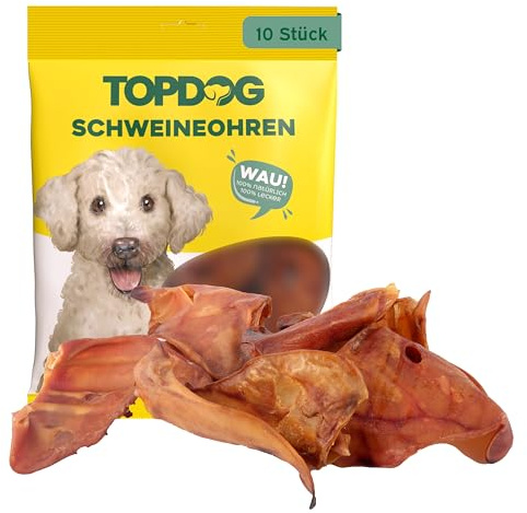Topdog XL Schweineohren Hunde 10 Stück - Ganze getrocknete Schweineohren für Hunde ohne fettige Muschel - 100% natürlich aus Deutschland - Langanhaltender Kauspaß mit Genuss und Pflege