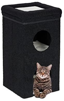 Relaxdays kattgrotta, HxWxD: 76 x 40 x 40 cm, hopfällbart katthus med 3 nivåer, kattgömma med klösbräda, svart