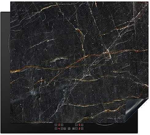 KitchenYeah© Herdabdeckplatte Einteilig Küche Herdabdeckung Induktionsfeld Ceranfeld Herdabdeckplatten Vinyl Matte Aufrollbar Marmor - Schwarz - Gold - Grau - Design - 60x52 cm