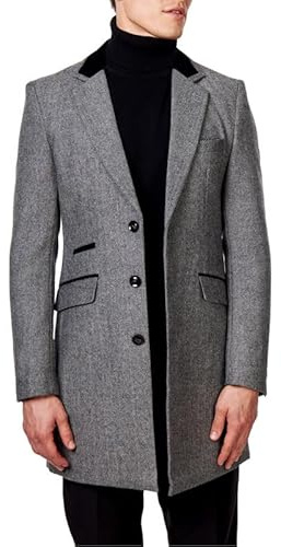 Xposed Menâ€™s Herringbone Long Overcoat Classic Wool Blend Tailored Fit 3/4 Mid Length Coat Jacket [COAT-COSMO-LIGHT-GREY-50UK]