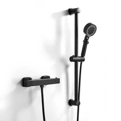 Coleniny Colonne de Douche Thermostatique Noir, Mitigeur Thermostatique Ensemble de Douche avec Barre de Douche 635mm + Douchette à Main 3 Jets + Flexible Tuyau 1.5M, Standards 1/2