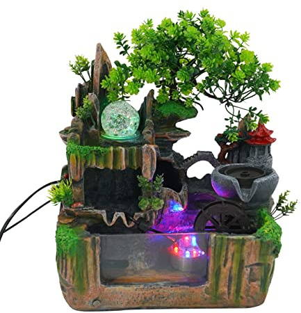 HarBin-Star Zimmerbrunnen, Tischbrunnen Wasserfall mit Nebel und LED Beleuchtung, GartenAquariumHarz Desktop-Brunnen, Zimmerbrunnen 30 x18 x 33 cm