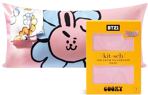 Kitsch Satin Pillowcase with BT21 Design, with Zipper, for Hair and Skin, Softer Than Silk, Cooling, Machine Washable, Wrinkle-Free, Smooth, King Size, 48 x 91 cm, Cooky