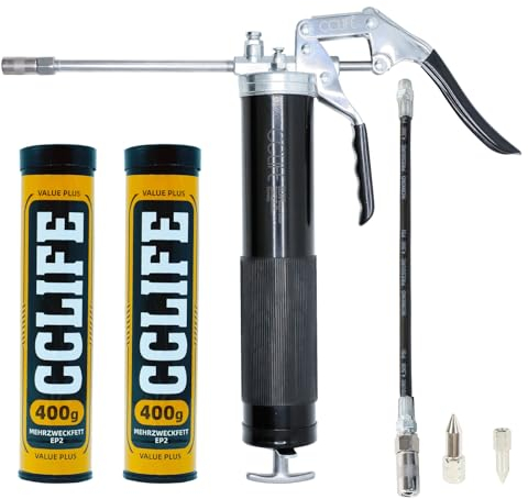 CCLIFE Ingrassatore Manuale 6000 PSI Pompa ingrassatrice professionale con cartuccia da 400 g, 2x 400 g Grasso multiuso EP2, Tubo Flessibile, Prolunga in Metallo