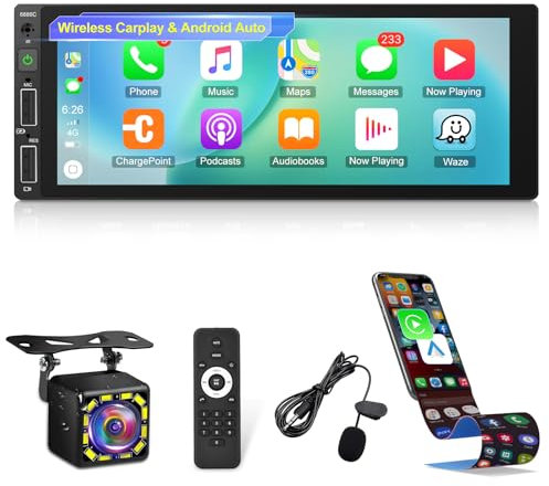 Autoradio Bluetooth 1 Din con Senza Fili Carplay e Android Auto, Autoradio Touchscreen da 6,86 Pollici con EQ/Mirror Link/FM Radio/USB/SWC + 12 LED Backup Camera + Telecomando + Microfono
