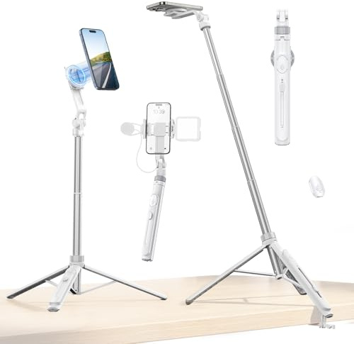 ULANZI TT88 Magnetic Tripod for iPhone 17, 57 Extendable Selfie Stick w Remote, 2-in-1 Phone Clip & Dual Cold Shoe Mounts-Lightweight Phone Tripod Stand for Vlogging, Travel, Video Recording, White