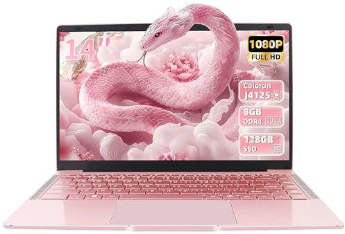 Fsjun 14 Zoll Laptop Roségold, FHD Display, 4 Kern Prozessor Celeron J4105, 8GB DDR4 RAM, 128 GB SSD, Webcam, WiFi, USB 3.0 x2, Mini-HDMI, Ultra-dünn, Notebook für Anfänger, DE Tastaturschutz