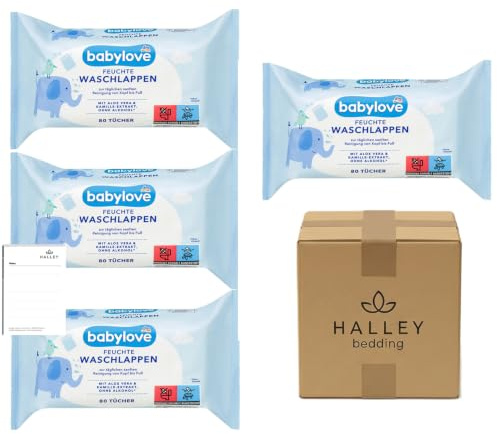 Babylove Feuchte Waschlappen - Sanfte Reinigung mit Aloe Vera & Kamille, für empfindliche Babyhaut & Erwachsene, 4 x 80 Stück + Halley Bedding Notizblock Set