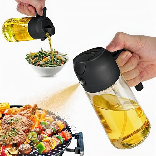 2-in-1 Oil Spray Bottle & Olive Oil Dispenser, 470ml Glass Oil Sprayer for Cooking, Air Fryer, Grilling, Baking & Salad, Refillable Kitchen Mister with Easy-Pour Nozzle