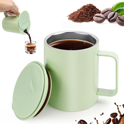 Erzekrim Kaffeebecher 400 ml Doppelwandige Vakuumisolierte Kaffee und Teetasse Thermobecher Kaffee 316 Edelstahl Thermobecher mit Griff und Schiebemoduldeckel für Haus, Büro (Grün)