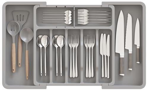 ABHENG Range Couverts, Organisateur d'ustensiles, Tiroir pour Ustensiles de Cuisine Extensible et Réglable, Porte-couteaux en plastique avec multiples compartiments,cuillères,fourchettes,Gris,AFD011G
