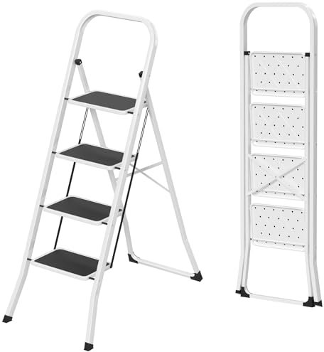 FIVMEN Scala pieghevole a 4 gradini con ampia pedana da 30x20 cm, scala da casa pieghevole con capacità di carico fino a 150 kg, Nero+Bianco