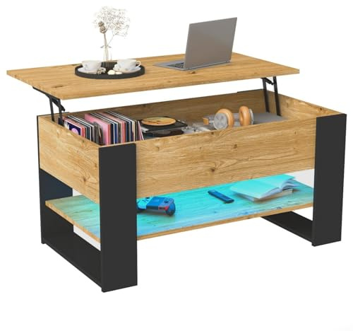 ZZINOKE Couchtisch Höhenverstellbarer, Multifunktionaler-Couchtisch mit Stauraum und LED-Beleuchtung, Wohnzimmer-Esstisch, 92 X 50 X 47.5-61cm, Braun Schwarz