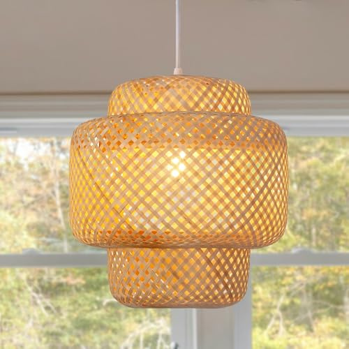 COOINJOY Vintage Bambus Pendelleuchte, Natürlich Geflochten, 30 cm Durchmesser, E27 Fassung, 1,5 m kabel, Boho Wohnzimmer Hängeleuchte(keine Glühbirne)