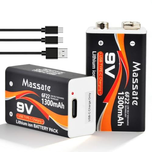 Massate 2 Pcs 9V Rechargeable Batteries 1300mAh, USB C Rechargeable Lithium Ion Battery with 2 in 1 Charging Cable, Long Lasting 9 Volt Battery for Smoke Detector, Guitar Pedal, Microphone