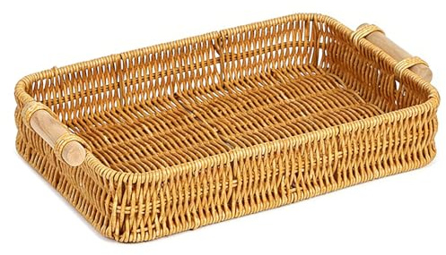 Vassoio Rettangolare in Rattan Intrecciato con Manico - Elegante e Resistente - Vassoio Decorativo er Colazione, Bevande, Caffè, Tè, Candela, Organizer Versatile per Casa e Ufficio(30cm)