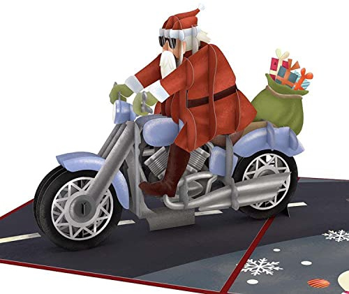 Lovepop® 3D Pop-Up Karte Weihnachten Santa Biker Motorrad Weihnachtskarte Weihnachtsmann | mit Versteckfach für Geldgeschenke & Gutscheine | inkl. Umschlag | Ausziehbare Notiz