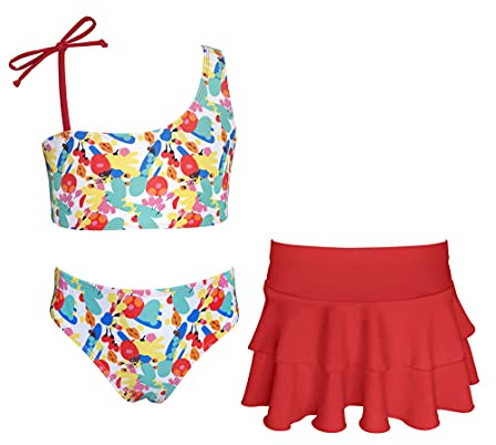 SHEKINI Costume da Bagno per Ragazze in 3 Pezzi Regolabile Monospalla Bikini Set con Gonna Estivo Halter Stampa Costume Belle Ragazze Due Pezzi per 6-14 Anni(6-8 Anni,Rosso)